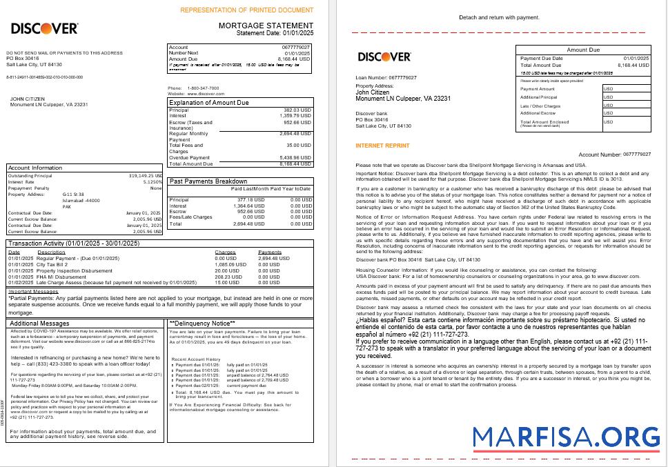 Realistic USA Discover bank mortgage statement in Word and PDF formats, 3 pages 1 2 sample